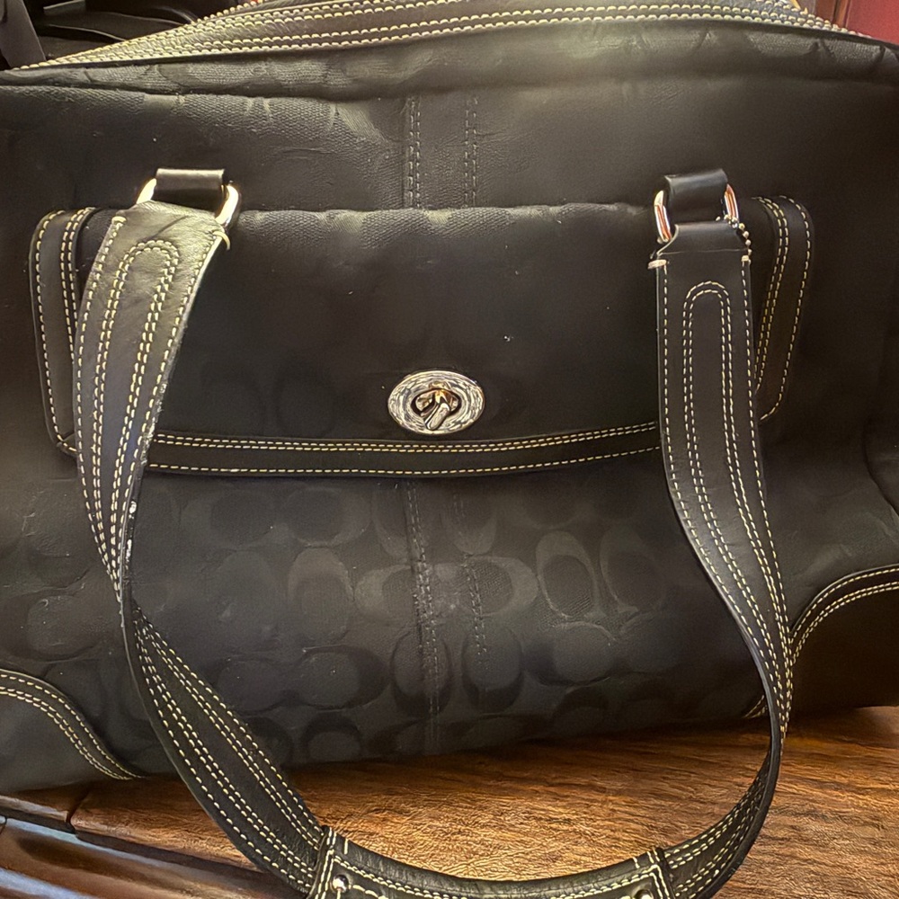 Coach Black Signature Shoulder Bag with Leather Trim